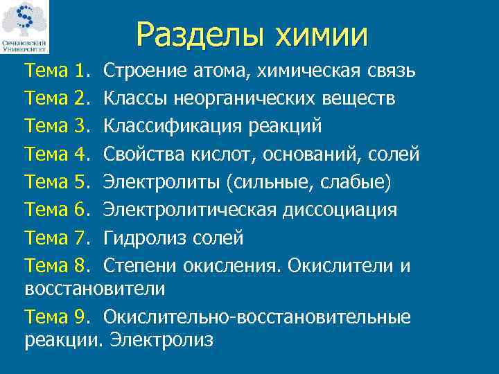  Разделы химии Тема 1. Строение атома, химическая связь Тема 2. Классы неорганических веществ