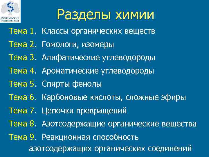  Разделы химии Тема 1. Классы органических веществ Тема 2. Гомологи, изомеры Тема 3.