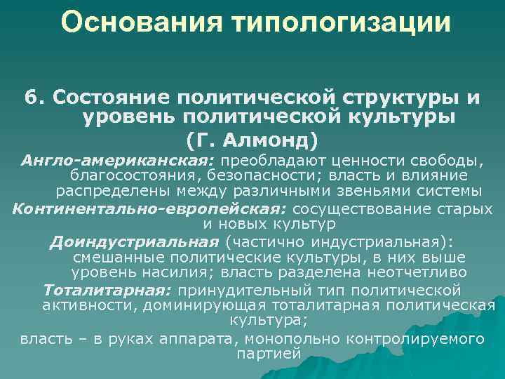 Основания типологизации 6. Состояние политической структуры и уровень политической культуры (Г. Алмонд) Англо-американская: преобладают
