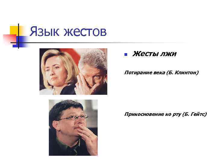 Язык жестов n Жесты лжи Потирание века (Б. Клинтон) Прикосновение ко рту (Б. Гейтс)