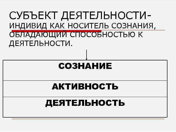 СУБЪЕКТ ДЕЯТЕЛЬНОСТИ- ИНДИВИД КАК НОСИТЕЛЬ СОЗНАНИЯ, ОБЛАДАЮЩИЙ СПОСОБНОСТЬЮ К ДЕЯТЕЛЬНОСТИ. СОЗНАНИЕ АКТИВНОСТЬ ДЕЯТЕЛЬНОСТЬ 