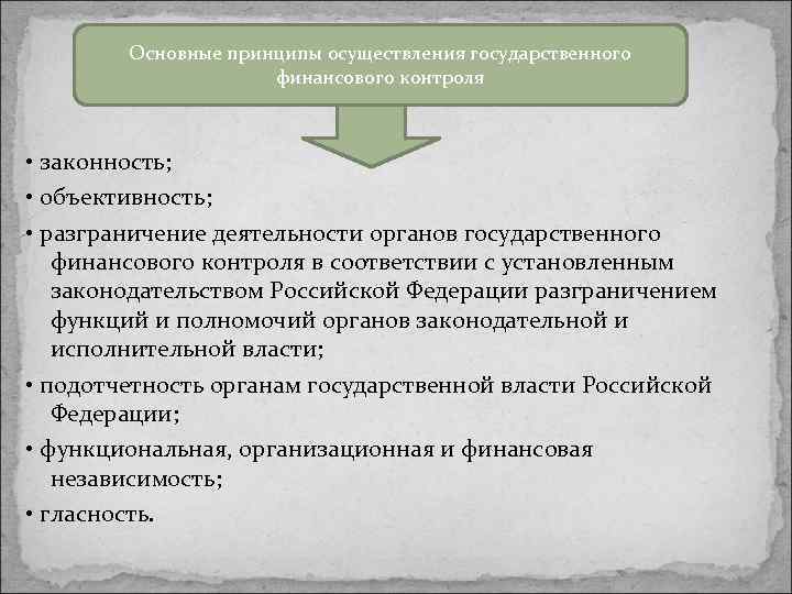 Основные принципы осуществления государственного финансового контроля • законность; • объективность; • разграничение деятельности органов