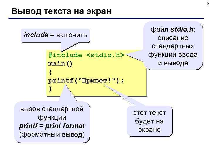 9 Вывод текста на экран include = включить #include <stdio. h> main() { printf(