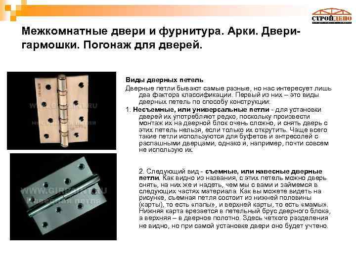 Межкомнатные двери и фурнитура. Арки. Дверигармошки. Погонаж для дверей. Виды дверных петель Дверные петли