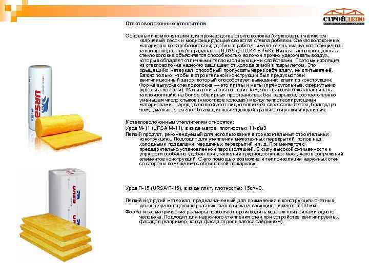 Стекловолоконные утеплители Основными компонентами для производства стекловолокна (стекловаты) являются кварцевый песок и модифицирующие свойства