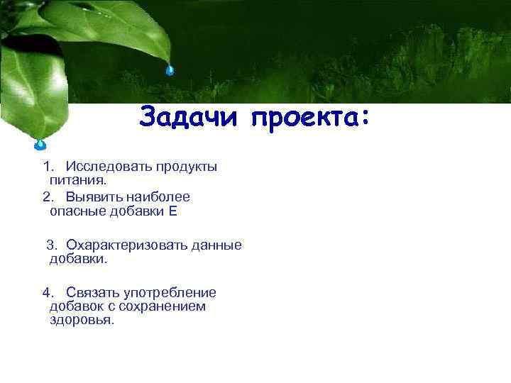 Задачи проекта: 1. Исследовать продукты питания. 2. Выявить наиболее опасные добавки Е 3. Охарактеризовать