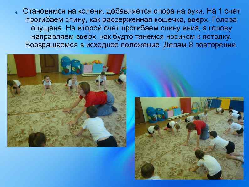 Становимся на колени, добавляется опора на руки. На 1 счет прогибаем спину, как рассерженная