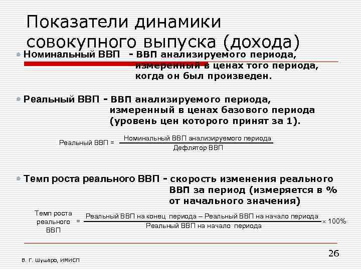 Показатели динамики совокупного выпуска (дохода) Номинальный ВВП - ВВП анализируемого периода, измеренный в ценах