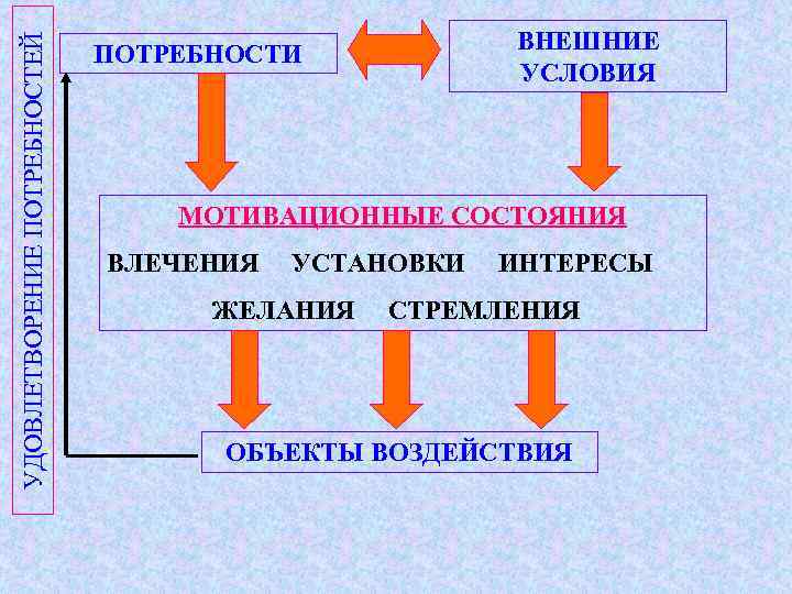 УДОВЛЕТВОРЕНИЕ ПОТРЕБНОСТЕЙ ВНЕШНИЕ УСЛОВИЯ ПОТРЕБНОСТИ МОТИВАЦИОННЫЕ СОСТОЯНИЯ ВЛЕЧЕНИЯ УСТАНОВКИ ЖЕЛАНИЯ ИНТЕРЕСЫ СТРЕМЛЕНИЯ ОБЪЕКТЫ ВОЗДЕЙСТВИЯ
