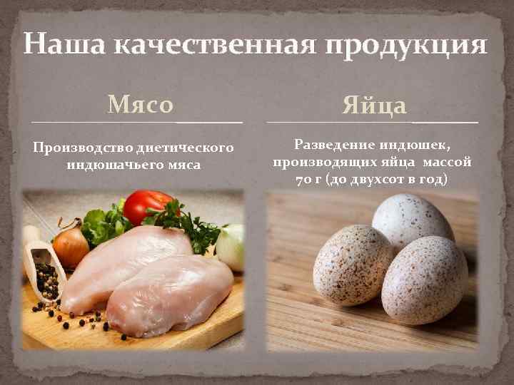 Наша качественная продукция Мясо Производство диетического индюшачьего мяса Яйца Разведение индюшек, производящих яйца массой