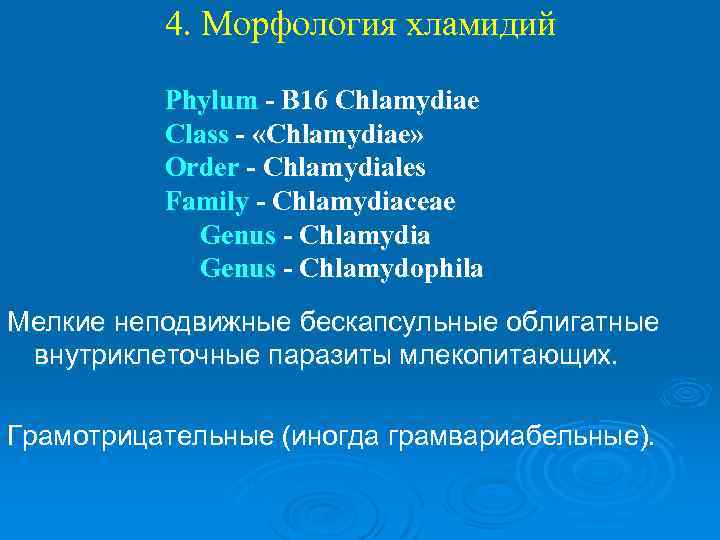  4. Морфология хламидий Phylum - B 16 Chlamydiae Class - «Chlamydiae» Order -