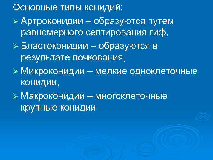 Основные типы конидий: Ø Артроконидии – образуются путем равномерного септирования гиф, Ø Бластоконидии –