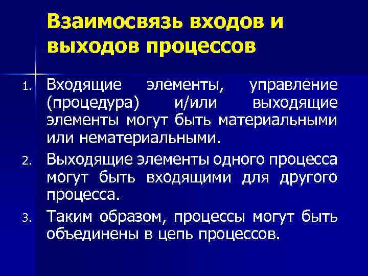 Взаимосвязь входов и выходов процессов 1. 2. 3. Входящие элементы, управление (процедура) и/или выходящие