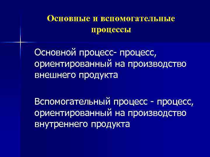 Основные и вспомогательные процессы Основной процесс- процесс, ориентированный на производство внешнего продукта Вспомогательный процесс