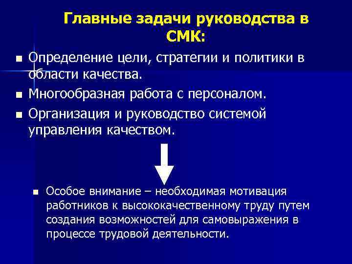 Главные задачи руководства в СМК: n n n Определение цели, стратегии и политики в