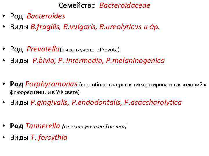 Семейство Bacteroidaceae • Род Bacteroides • Виды B. fragilis, B. vulgaris, B. ureolyticus и