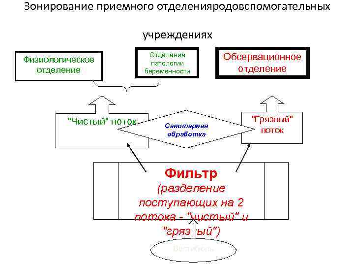 Зонирование приемного отделенияродовспомогательных учреждениях Отделение патологии беременности Физиологическое отделение "Чистый" поток Обсервационное отделение Санитарная