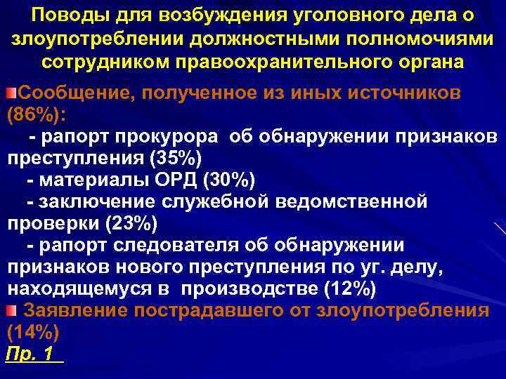 Поводы для возбуждения уголовного дела о злоупотреблении должностными полномочиями сотрудником правоохранительного органа Сообщение, полученное