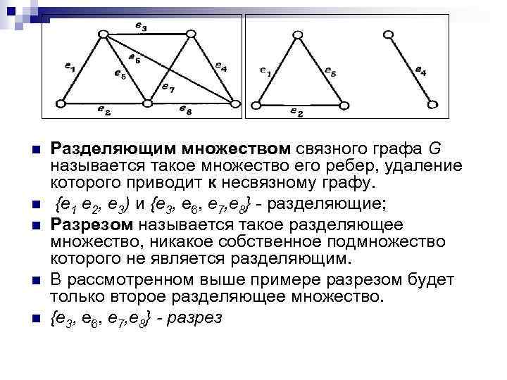 n n n Разделяющим множеством связного графа G называется такое множество его ребер, удаление
