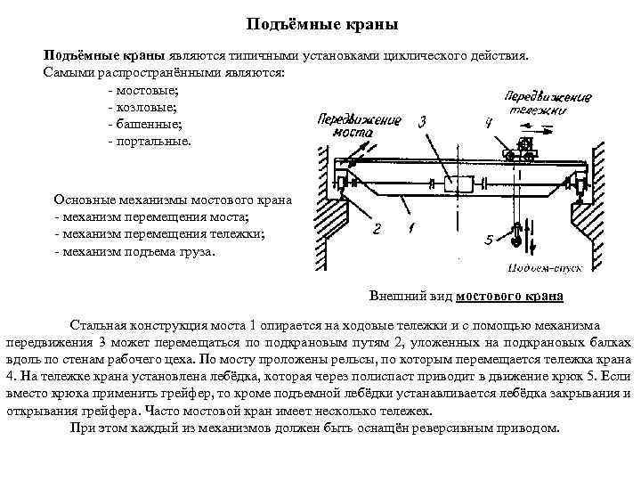 Подъёмные краны являются типичными установками циклического действия. Самыми распространёнными являются: - мостовые; - козловые;