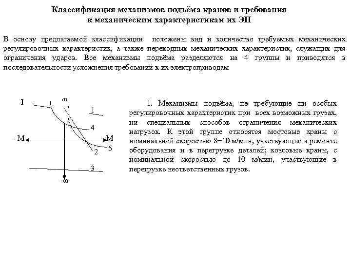 Классификация механизмов подъёма кранов и требования к механическим характеристикам их ЭП В основу предлагаемой