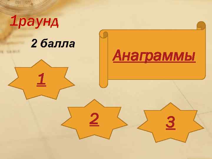 1 раунд 2 балла Анаграммы 1 2 3 