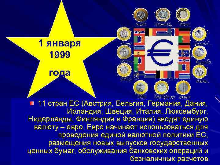 1 января 1999 года 11 стран ЕС (Австрия, Бельгия, Германия, Дания, Ирландия, Швеция, Италия,