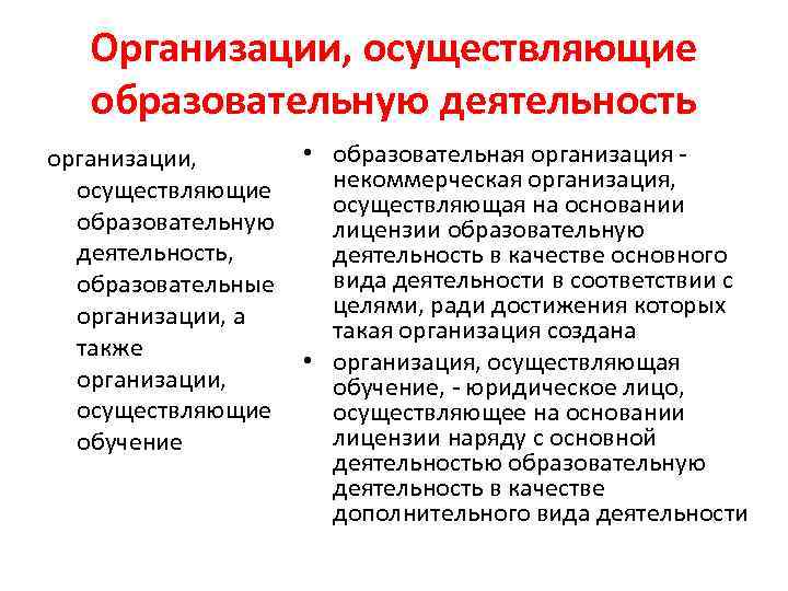 Организации, осуществляющие образовательную деятельность • образовательная организация - организации, некоммерческая организация, осуществляющие осуществляющая на