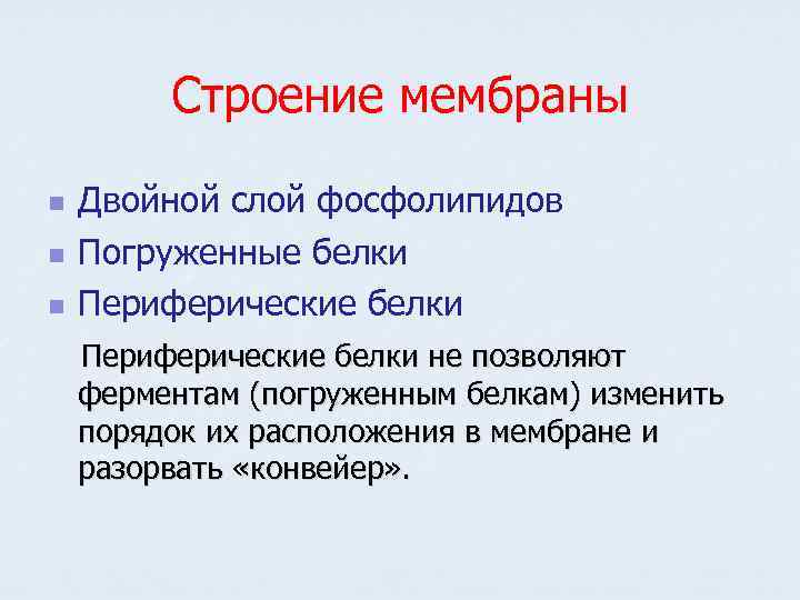 Строение мембраны n n n Двойной слой фосфолипидов Погруженные белки Периферические белки не позволяют