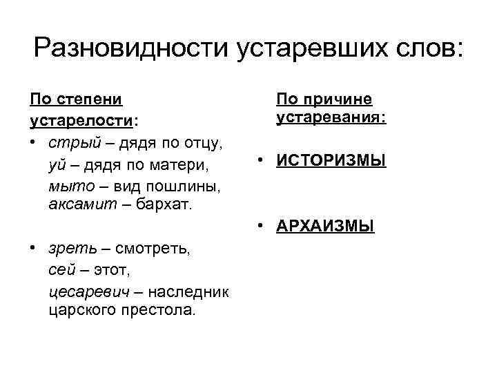 Разновидности устаревших слов: По степени устарелости: • стрый – дядя по отцу, уй –