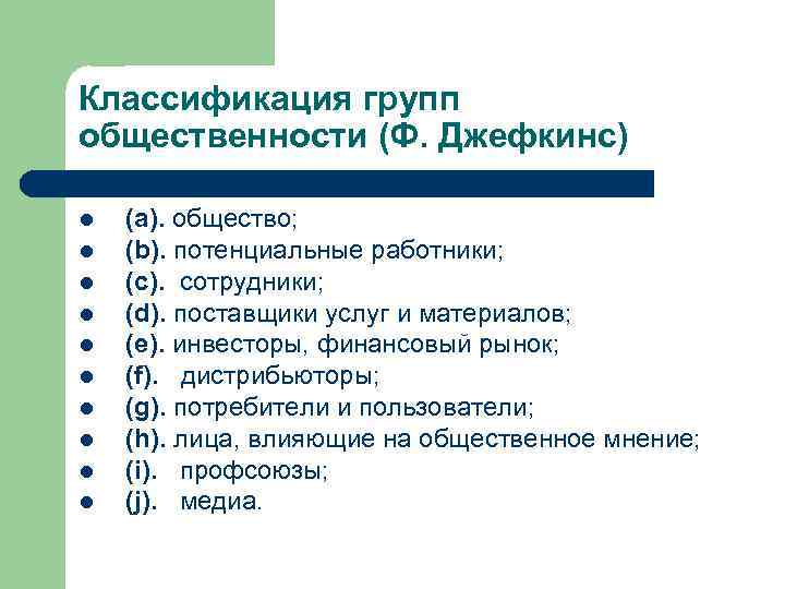Классификация групп общественности (Ф. Джефкинс) l l l l l (a). общество; (b). потенциальные
