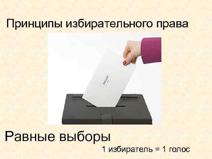 Принципы избирательного права Равные выборы 1 избиратель = 1 голос 