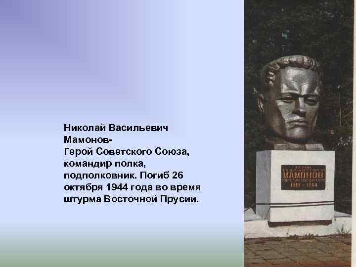 Николай Васильевич Мамонов. Герой Советского Союза, командир полка, подполковник. Погиб 26 октября 1944 года