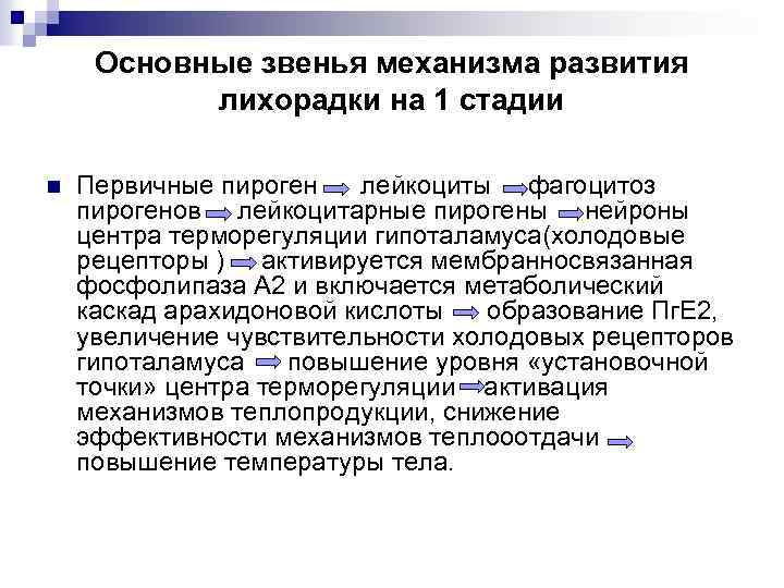 Основные звенья механизма развития лихорадки на 1 стадии n Первичные пироген лейкоциты фагоцитоз пирогенов