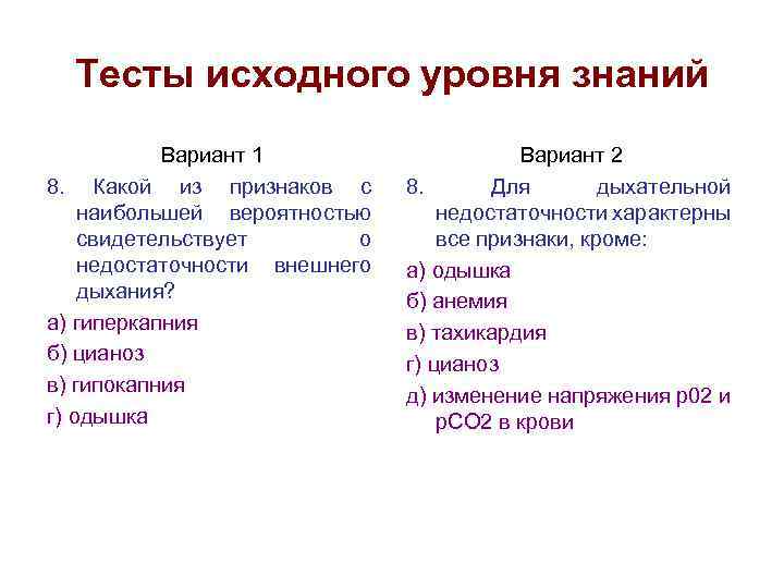 Тесты исходного уровня знаний Вариант 1 8. Какой из признаков с наибольшей вероятностью свидетельствует