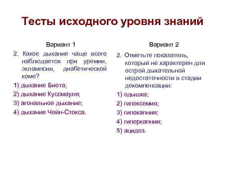 Тесты исходного уровня знаний Вариант 1 2. Какое дыхание чаще всего наблюдается при уремии,