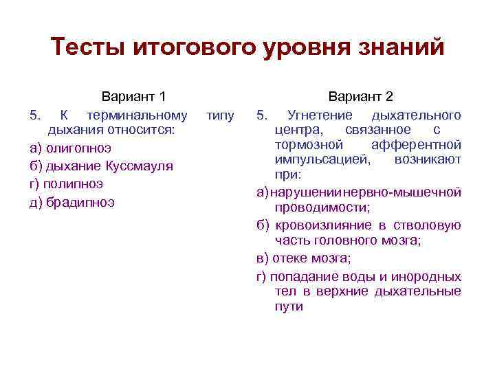 Тесты итогового уровня знаний Вариант 1 5. К терминальному дыхания относится: а) олигопноэ б)