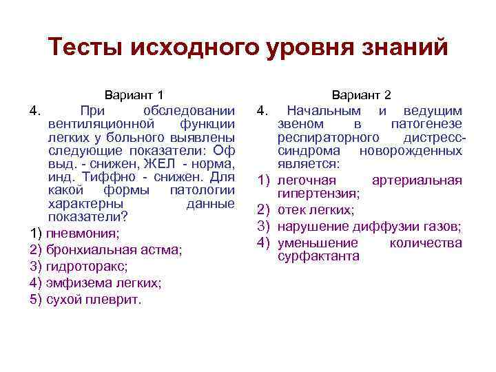 Тесты исходного уровня знаний Вариант 1 4. При обследовании вентиляционной функции легких у больного