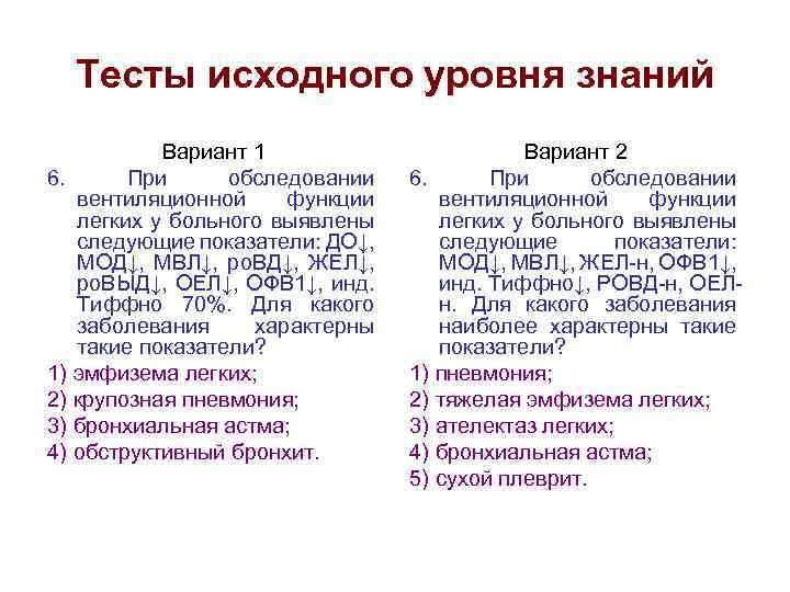 Тесты исходного уровня знаний Вариант 1 6. При обследовании вентиляционной функции легких у больного