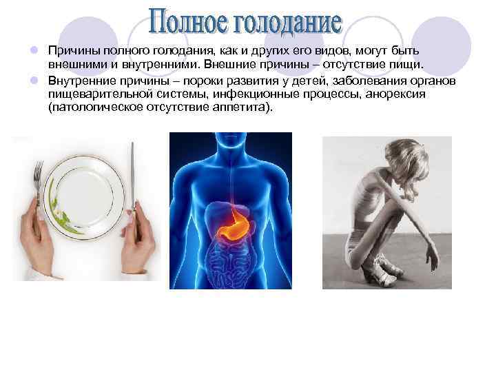 l Причины полного голодания, как и других его видов, могут быть внешними и внутренними.