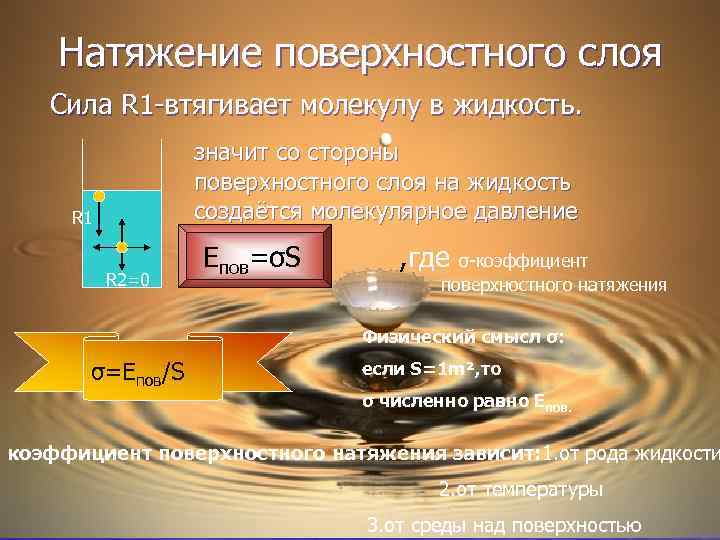 Физический смысл поверхностного натяжения. Сила поверхностного натяжения жидкости. Давление поверхностного натяжения жидкости. Слои поверхностного натяжения. Давление сил поверхностного натяжения.