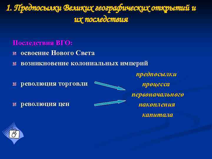 1. Предпосылки Великих географических открытий и их последствия Последствия ВГО: освоение Нового Света возникновение