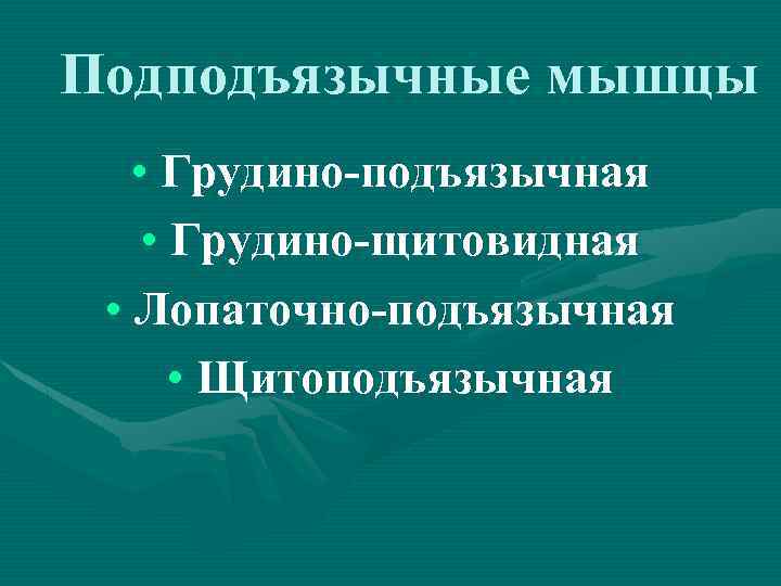 Подподъязычные мышцы • Грудино-подъязычная • Грудино-щитовидная • Лопаточно-подъязычная • Щитоподъязычная 