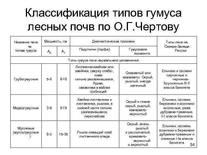  Классификация типов гумуса  лесных почв по О. Г. Чертову Название почв 