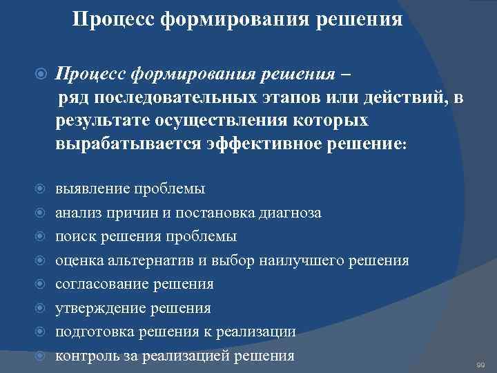 Процесс формирования решения – ряд последовательных этапов или действий, в результате осуществления которых вырабатывается