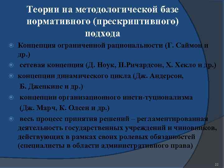 Теории на методологической базе нормативного (прескриптивного) подхода Концепция ограниченной рациональности (Г. Саймон и др.