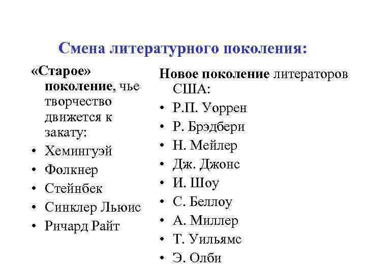 Смена литературного поколения: «Старое» поколение, чье творчество движется к закату: • Хемингуэй • Фолкнер