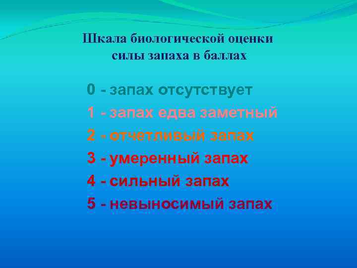 Шкала биологической оценки силы запаха в баллах 0 - запах отсутствует 1 - запах