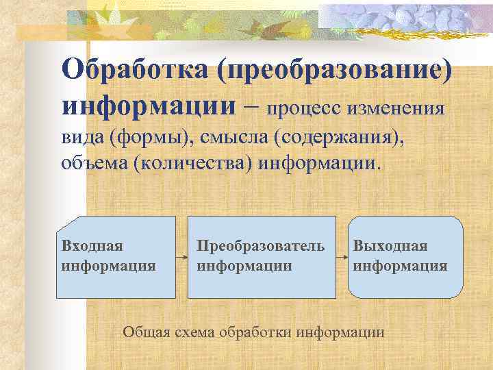 Обработка (преобразование) информации – процесс изменения вида (формы), смысла (содержания), объема (количества) информации. Входная