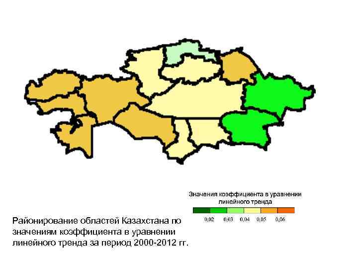 Районирование областей Казахстана по значениям коэффициента в уравнении линейного тренда за период 2000 -2012